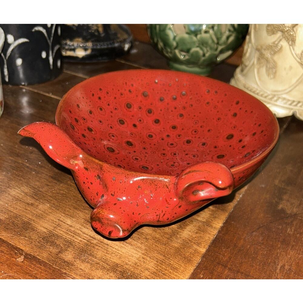 Red Vintage Red Clay Pottery Footed Pig Bowel